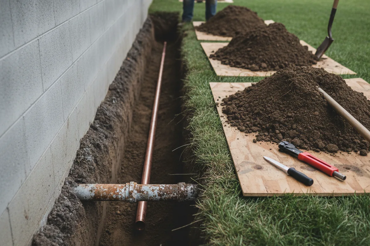 Excavated water line trench during Sewer Line Repair in Amity